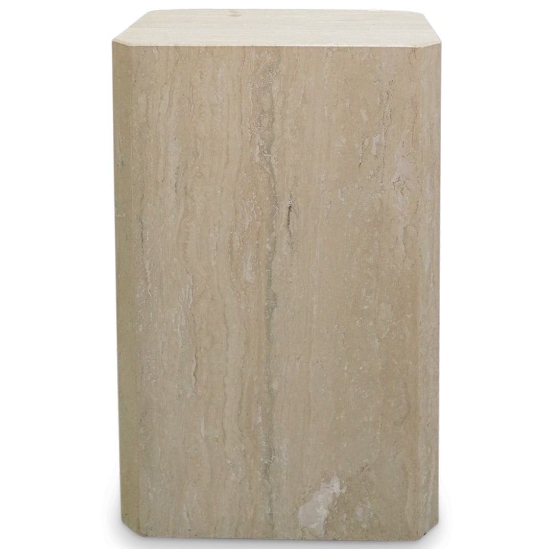 Octagonal Travertine Pedestal: DESCRIPTION: Filled and polished travertine pedestal featuring octagonal form. CIRCA: Late 20th - Early 21st Century ORIGIN: Unknown DIMENSIONS: H: 31.5" W: 12" L: 19.75" CONDITION: Minor abrasions, c