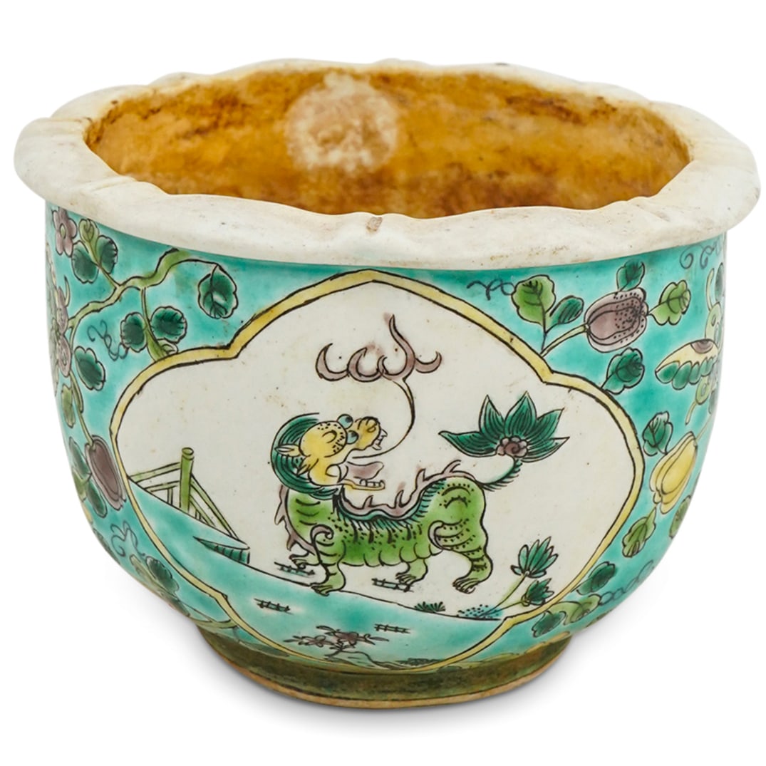 Antique Chinese Famille Verte Bisque Porcelain Foo Dog Jardiniere (1 of 6)