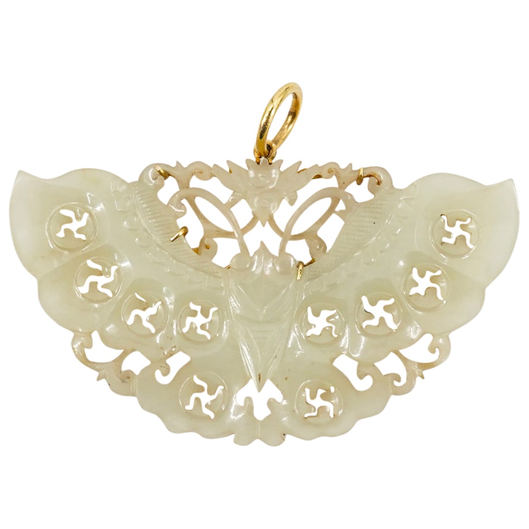 Fine Antique Chinese Carved Celadon Jade Butterfly Plaque W/ 14K Mount (1 of 4)