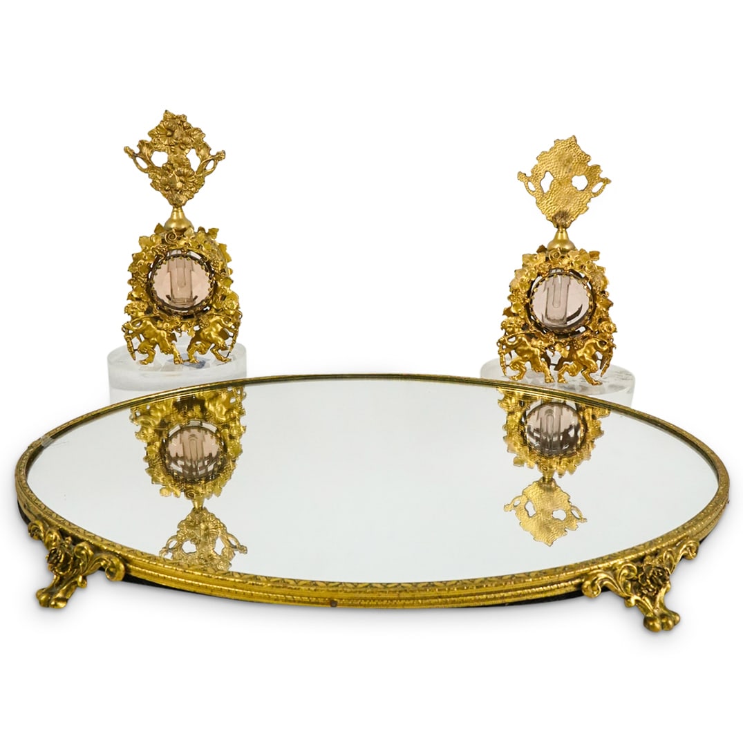 Antique French Gilt Metal Vanity Mirror Tray & Faun Perfumes (1 of 6)