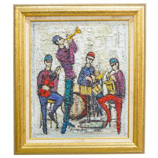 Nissan Engel (Israeli, 1931-2016) Oil On Panel: DESCRIPTION: Oil on panel painting by Nissan Engel (Israeli, 1931 - 2016) featuring texturing and depicting four musicians playing musical instruments. Signed "Nissan Engel" at bottom right quadrant.