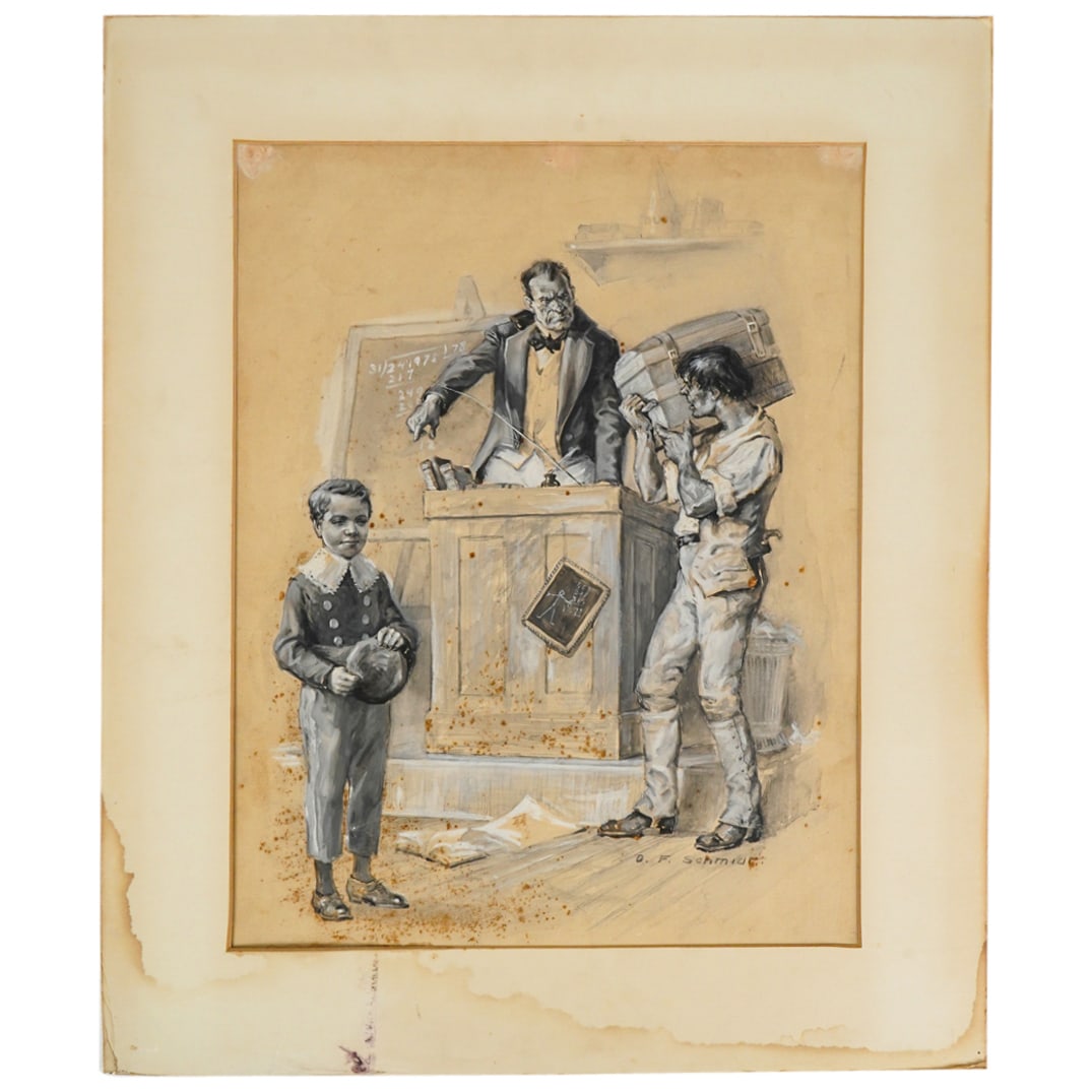Oscar Frederick Schmidt (1892-1957) "Schoolmaster" Gouache Painting: DESCRIPTION: Oscar Frederick Schmidt (1892-1957) Gouache on board painting depicting three figures in a classroom setting, signed (Lower Right) "O. F. Schmidt" mounted in matting. CIRCA: Early to Mid