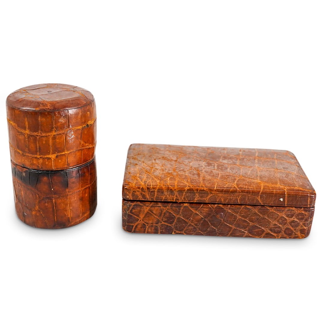 (2 Pc) Antique Crocodile Leather Box & Dice Cup (1 of 9)