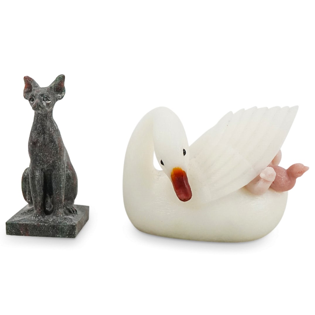 (2 Pc) Carved Stone Swan With Cygnets And Hard Stone Cornish Rex (1 of 8)