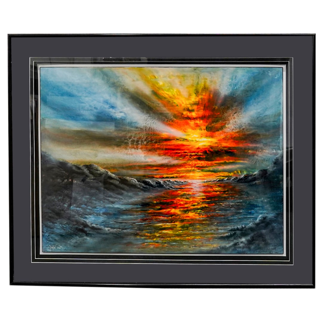 David Dolan (American, 20th C.) "Dawn Of Creation" Nitrocellulose Lacquer: DESCRIPTION: Nitrocellulose lacquer on board entitled "Dawn of Creation" by David Dolan depicting the sun shining over a cloudscape. Signed and dated at lower left. Mounted in a black wooden frame. Do