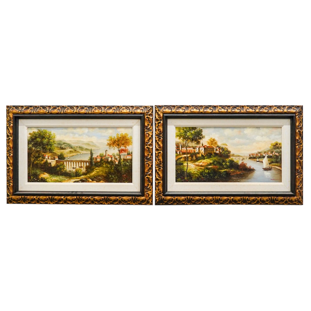(2 Pc) Signed Cala Oil On Canvas Townscapes (1 of 10)