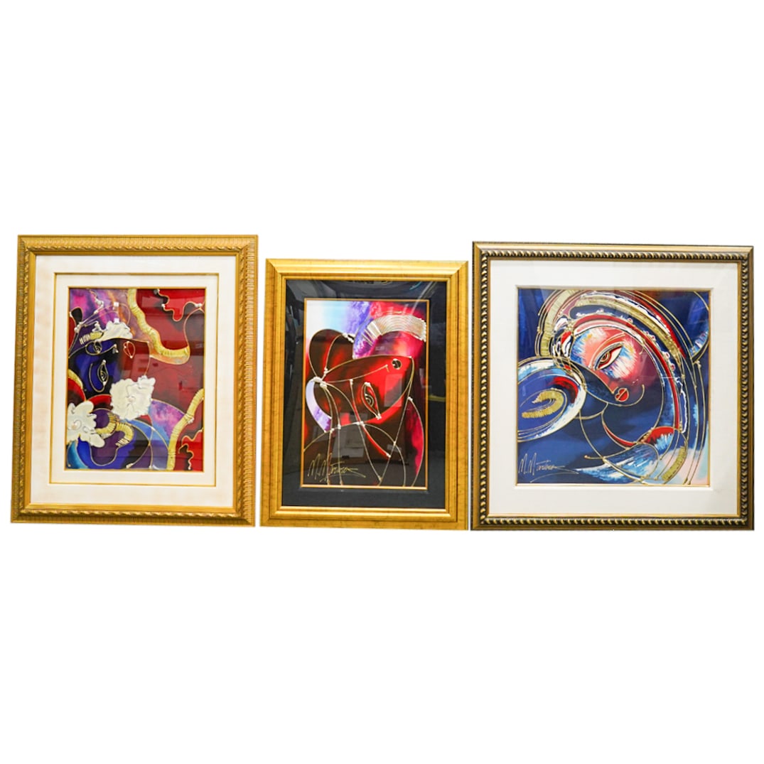 (3 Pc) Martiros Manoukian (Greek, B. 1947) Hand Embellished Serigraphs: DESCRIPTION: Three hand-embellished serigraphs by Martiros Manoukian, each mounted in gilt frames, signed, and numbered: Dream Journey (102 of 395) Red Ecstasy (303 of 395) Closeup of Woman (114 of 39