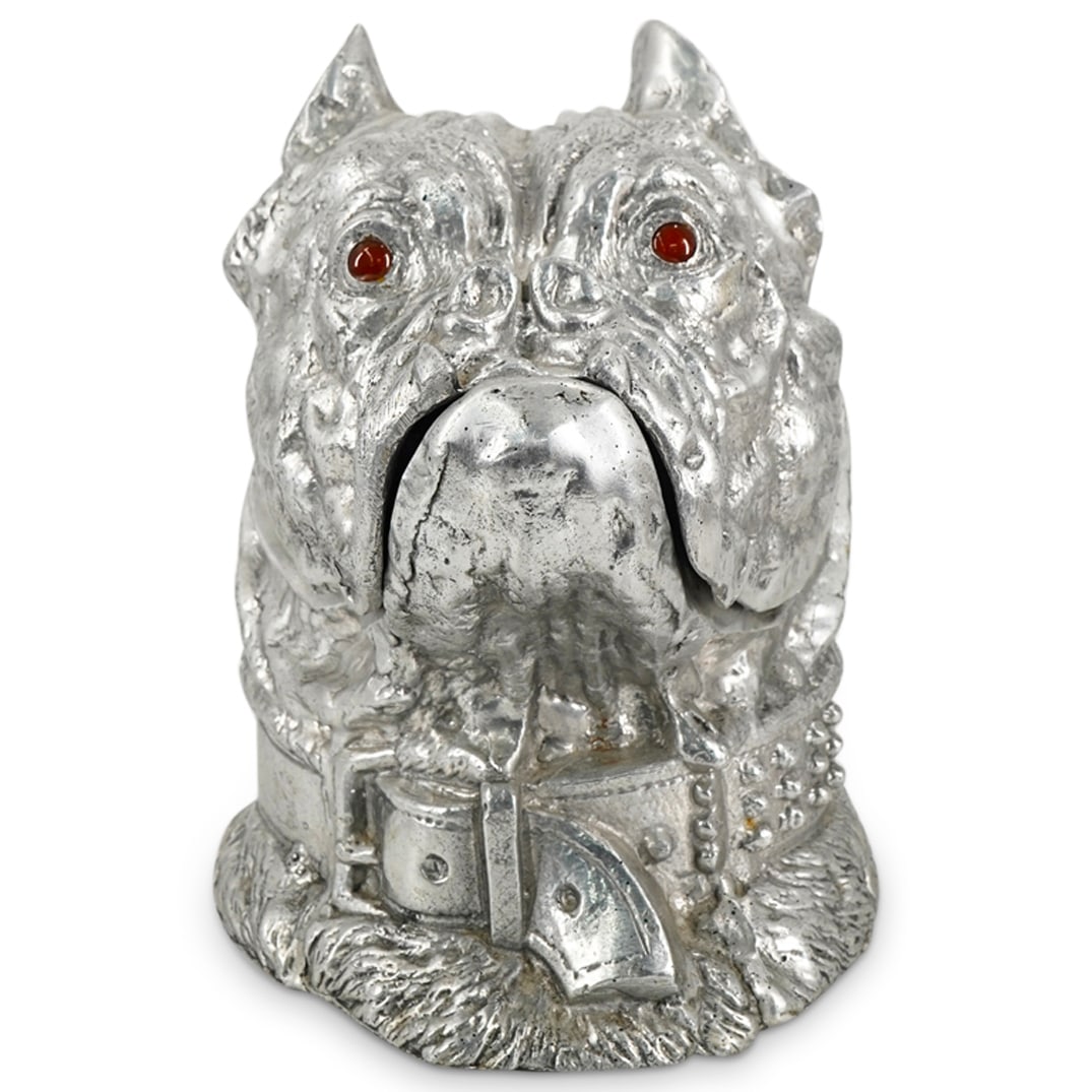 Vintage Arthur Court Pewter Bulldog Ice Bucket Wine Cooler: DESCRIPTION: Arthur Court bulldog ice bucket wine cooler. Bulldog in pewter with high sheen silvered finish and carnelian stone eyes. Signed ARTHUR COURT DESIGNS, dated 1979. CIRCA: 1970s ORIGIN: USA