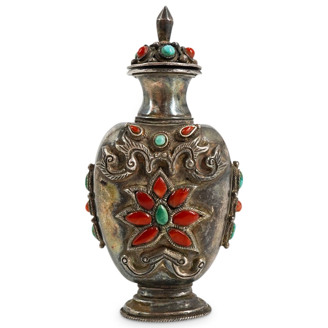 Antique Mongolian Lotus Silver, Coral, And Turquoise Snuff Bottle (1 of 5)