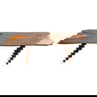 Steven Spiro (American, B. 1949) "Routes VII" Table: DESCRIPTION: Inlaid wooden coffee table by Steven Spiro (American, b. 1949) entitled "Routes VII" and featuring carved and inlaid geometric and Native American-style motifs. Signed, entitled and dated