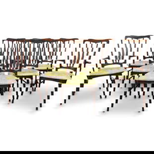 (8 Pc) Niels Koefoed "Ingrid" Mid Century Dining Chairs: DESCRIPTION: Eight Danish mid-century modern wooden "Ingrid" dining chairs by Niels Koefoed for Koefoeds Hornslet, each with vinyl upholstery and each marked with "Made in Denmark" on underside: (2) A