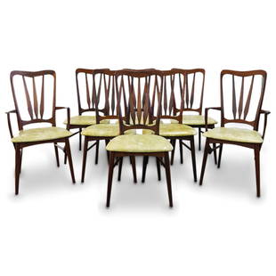 (8 Pc) Niels Koefoed "Ingrid" Mid Century Dining Chairs: DESCRIPTION: Eight Danish mid-century modern wooden "Ingrid" dining chairs by Niels Koefoed for Koefoeds Hornslet, each with vinyl upholstery and each marked with "Made in Denmark" on underside: (2) A