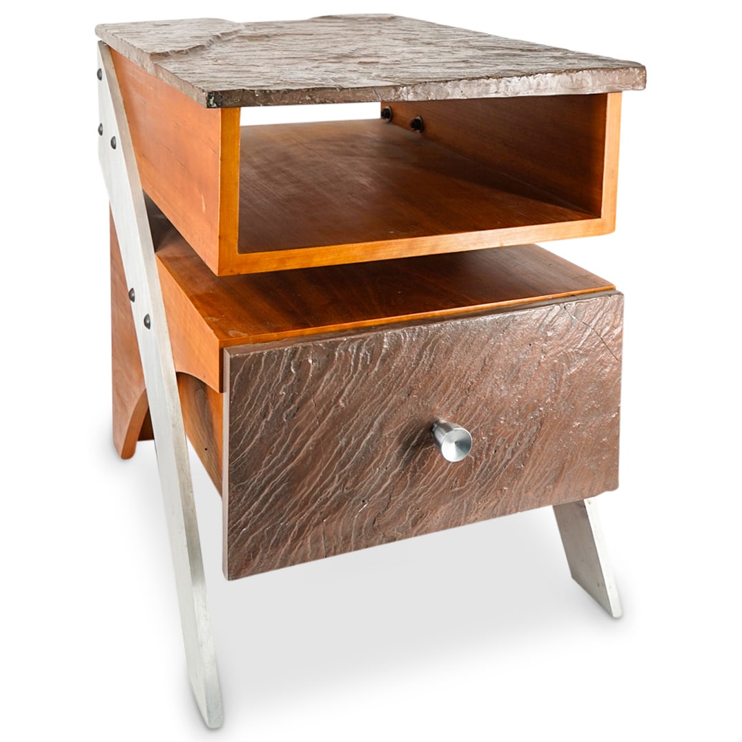 Designer Mid Century Metal & Wood Side Table Auction