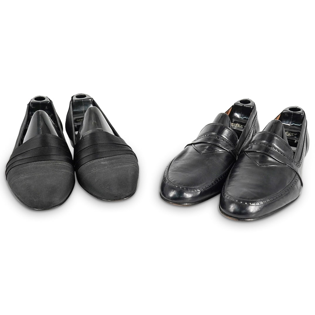 Pair of Vintage GIVENCHY Gentleman Shoes- Size 9 1/2: DESCRIPTION: Pair of vintage GIVENCHY gentleman shoes in black soft leather, and black fabric.- Size 9 1/2. Handmade in Italy. CIRCA: 20th Century ORIGIN: Italy DIMENSIONS: Size 9 1/2 CONDITION: Good