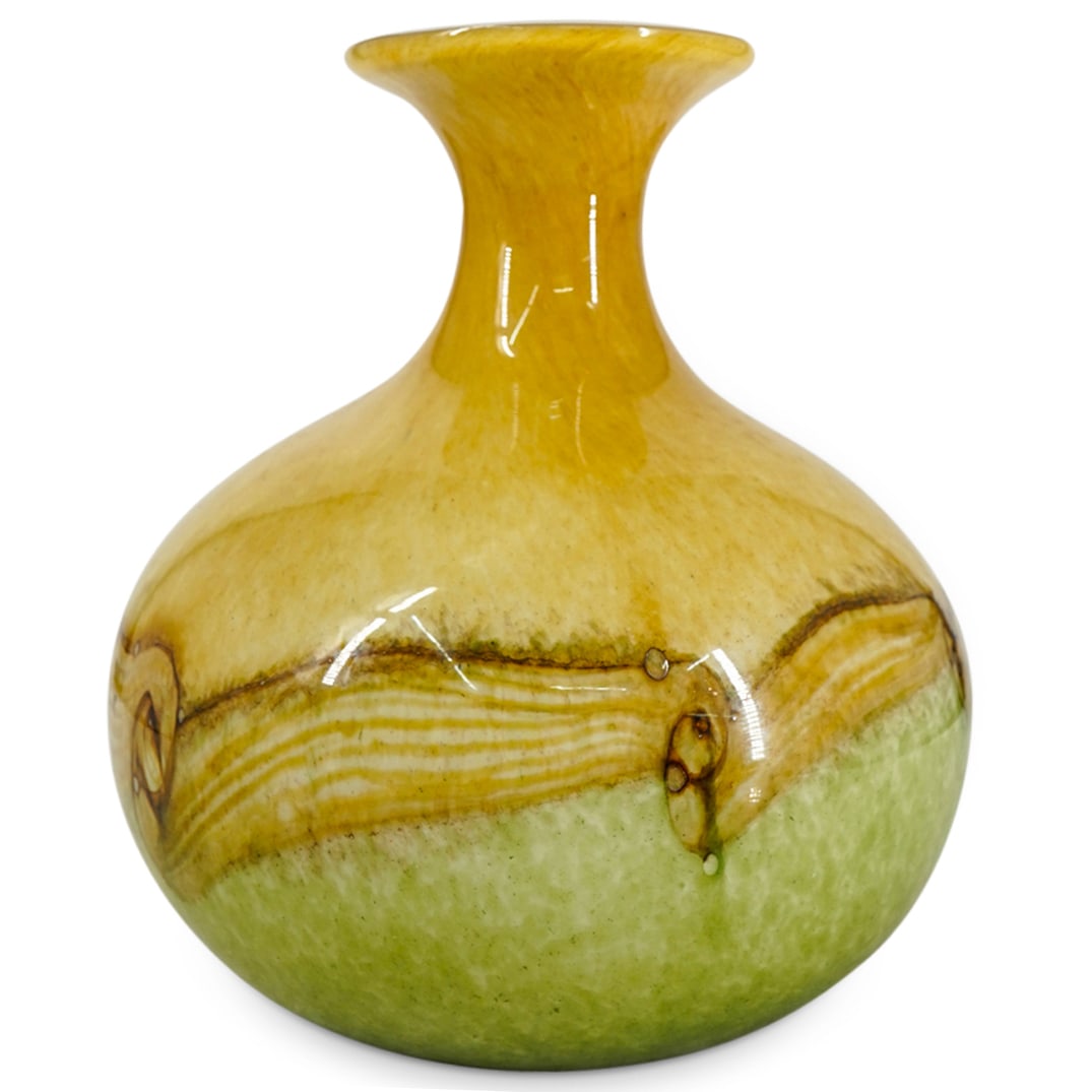 Murano Large Art Glass Floral Vase: DESCRIPTION: Murano large art glass floral vase depicting a bulbous body, an elongated neck and a wide rim. Designed with a white interior and a polychrome exterior in a combination of ochre, greens a