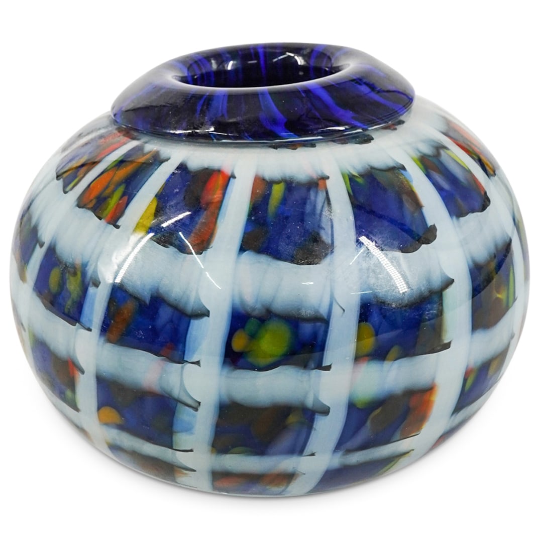 Murano Checkered Art Glass Bowl Vase: DESCRIPTION: Murano art glass bowl vase in cobalt blue color with a checkered pattern in white with polychrome accents. CIRCA: 20th Century ORIGIN: Italy DIMENSIONS: H: 6" W: 7" CONDITION: Good Condit