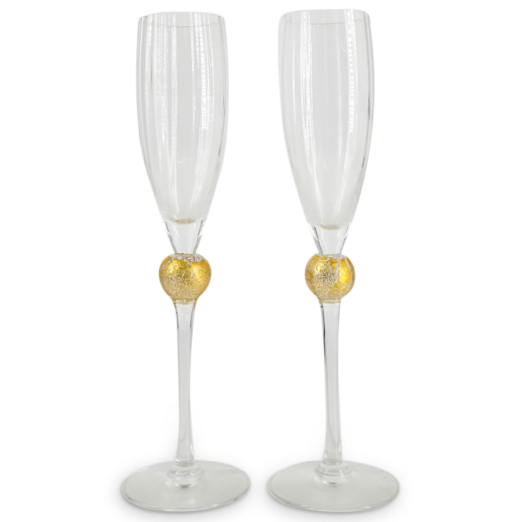 Pair Of Signed Italian Gold Flake Accented Champagne Flutes (1 of 4)