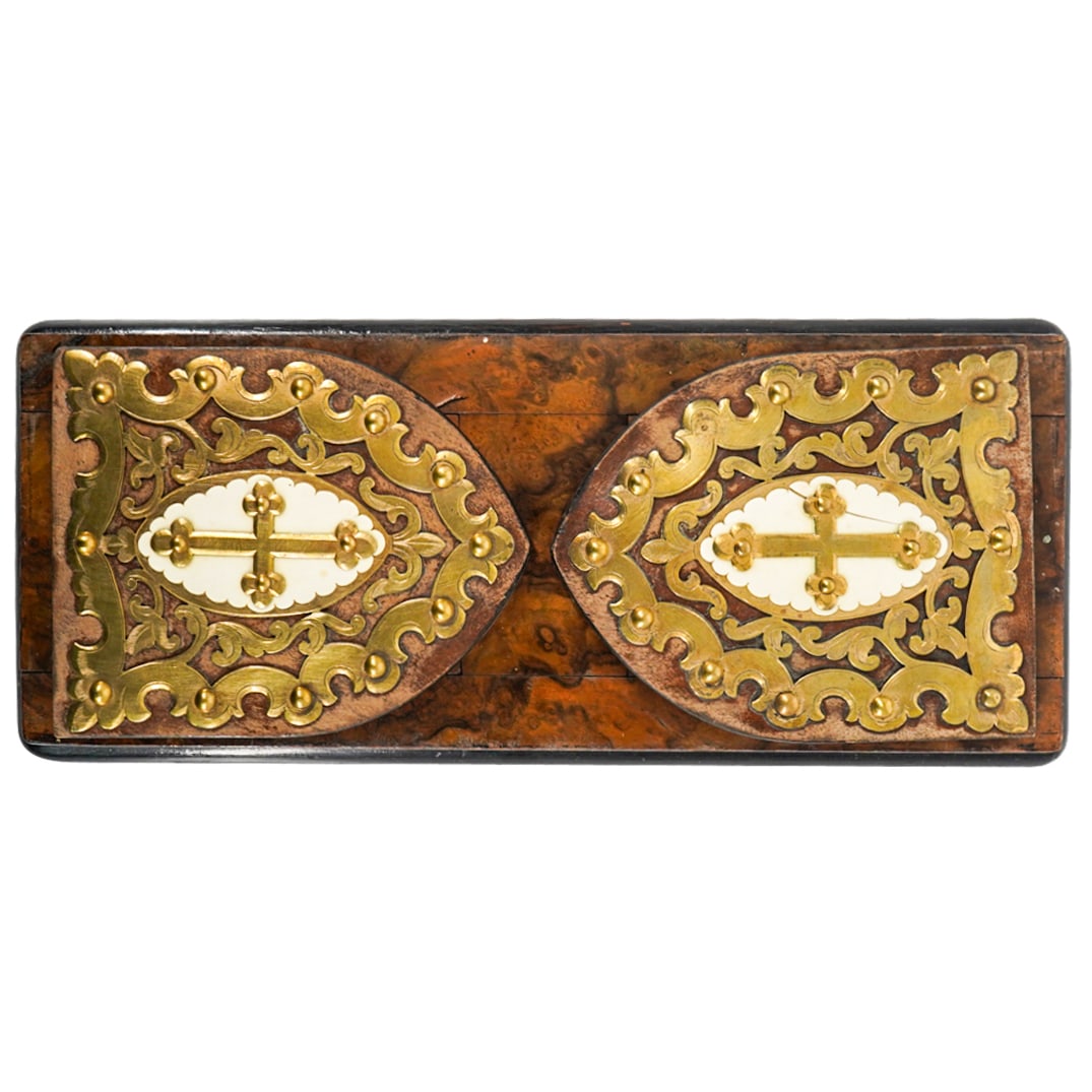 Antique Asser & Sherwin Wood and Gilt Bronze Expandable Bookend: DESCRIPTION: An antique Asser and Sherwin expandable bookend comprised of burl wood, with bronze ornate applications displaying crucifixes fitted atop bone plaques on either end. Marked along the inne