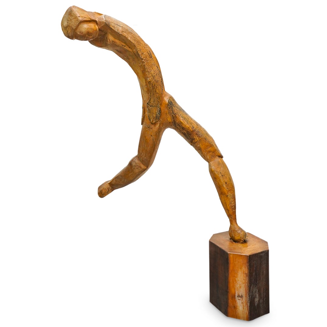 Herbert Kallem (American, 1909-1994) Wood Sculpture: DESCRIPTION: Carved wood sculpture by Herbert Kallem (American, 1909 - 1994) depicting a figure. Mounted atop an octagonal wooden base. Signed "KALLEM" on leg. CIRCA: 20th Century ORIGIN: American DIM