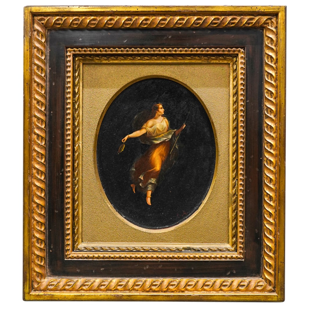 In Manner Of Michelangelo Maestri "Allegory Of Night" Oil On Board: DESCRIPTION: Oil on board painting in the manner of Michelangelo Maestri's "Allegory of Night" depicting night as a woman bearing a staff in her left hand and a round object in her right. Initial "E.M