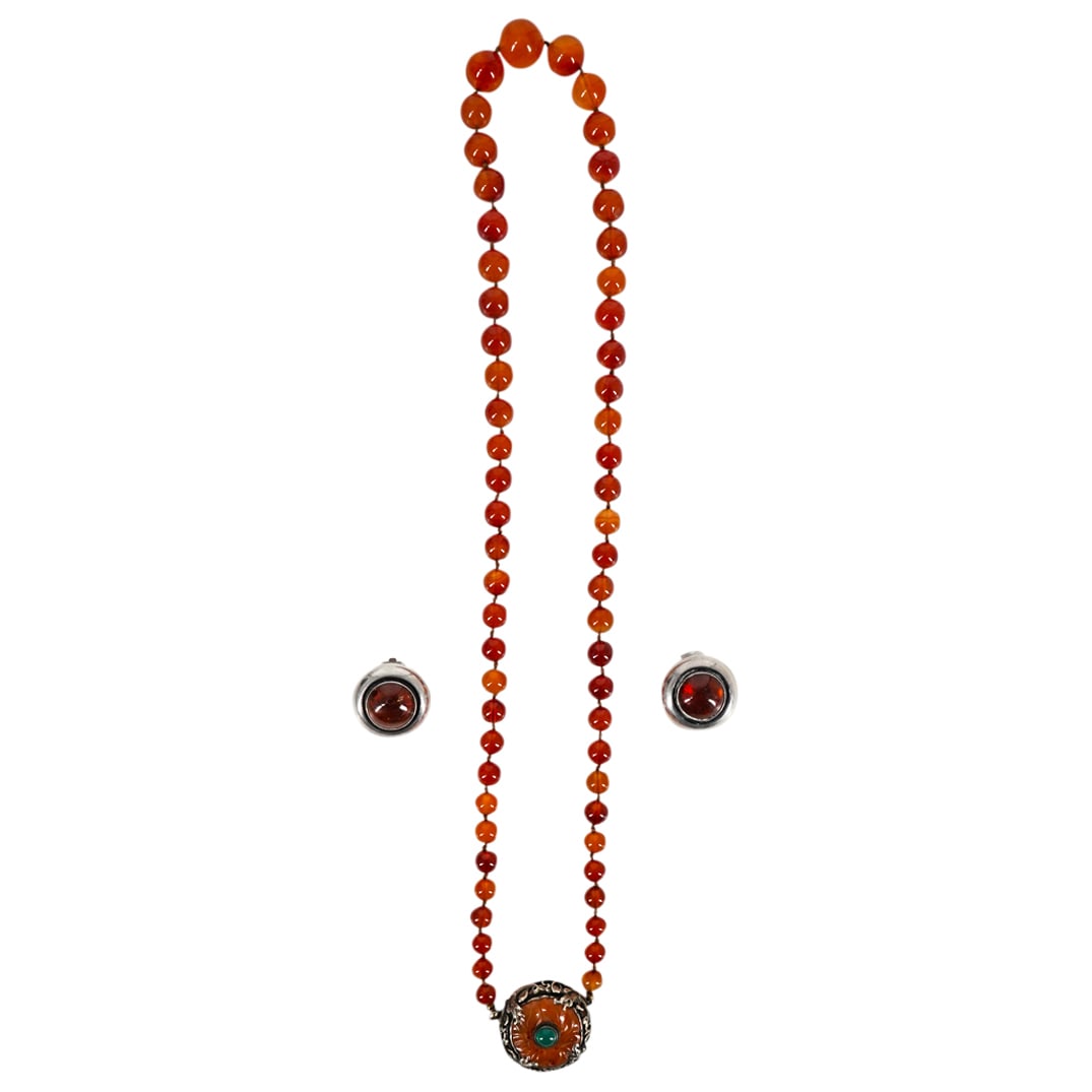 (3 Pc) Sterling Silver, Carnelian & Amber Necklace / Earrings Set (1 of 5)