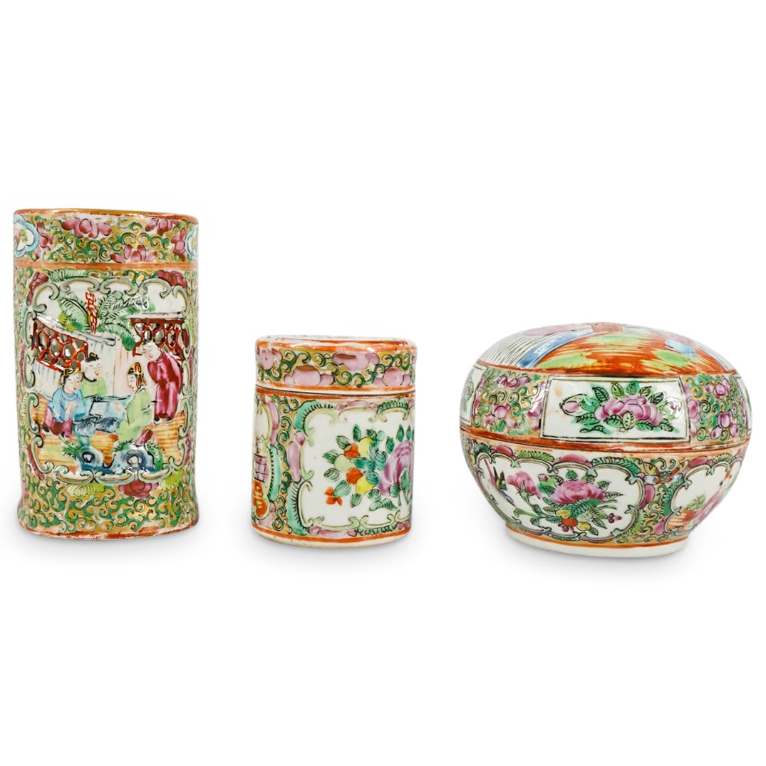(3 Pc) Antique Famille Rose Export Porcelain Lantern & Boxes (1 of 12)