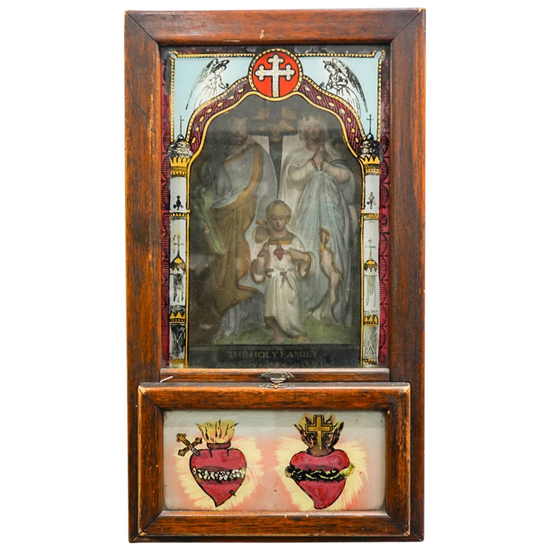 Antique Religious Votive Grouping In Carved Wood Shrine (1 of 8)