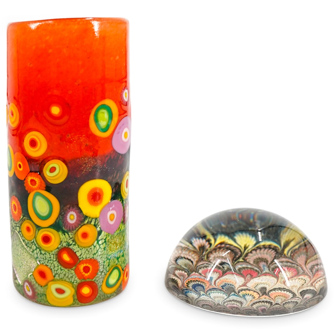(2 Pc) Murano Art Glass Paperweight & Pencil Holder Vase (1 of 5)