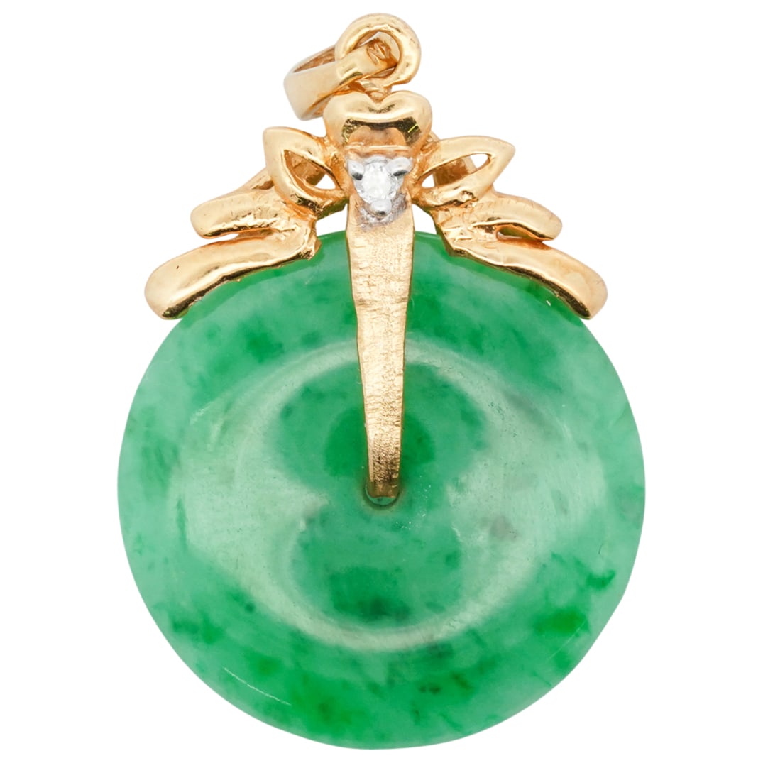 Chinese Carved Jade and 18k Gold Mounted Disc Pendant (1 of 3)