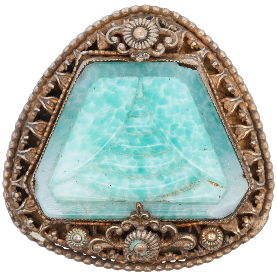 Antique Chinese Jade & Silver Pin: DESCRIPTION: An antique Chinese sterling inset jade brooch with carved ribbed design, and open-work floral fitting, stamped: "Czechoslovakia" CIRCA: Early 20th Cent. ORIGIN: Czechoslovakia/China DIMEN