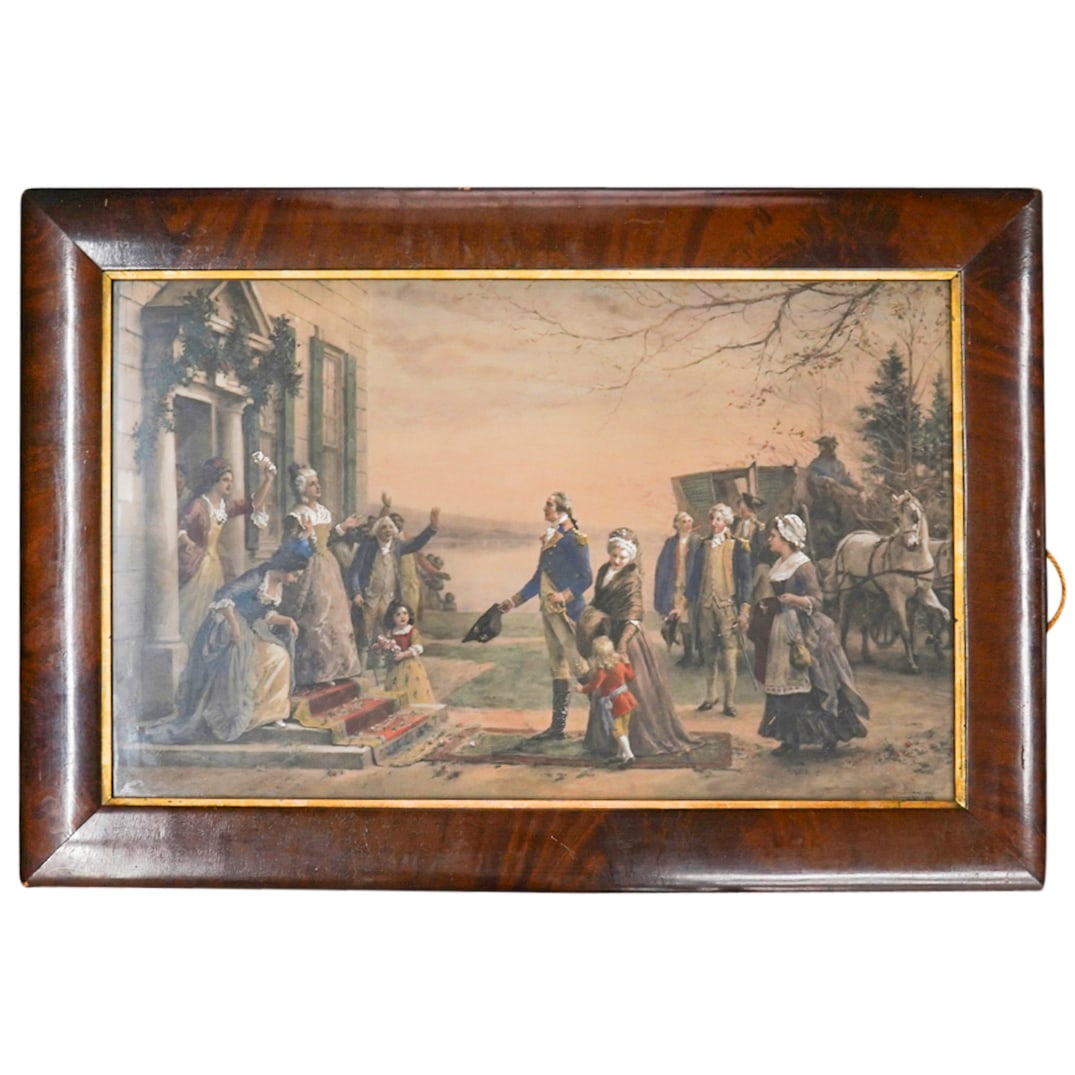 Jennie Augusta Brownscombe (American, 1850-1936) "George And Martha Washington Arriving At Mount: DESCRIPTION: Gouache on paper colonial revival historical painting by Jennie Augusta Brownscombe (American, 1850 - 1936), possibly entitled "George and Martha Washington Arriving at Mount Vernon", dep