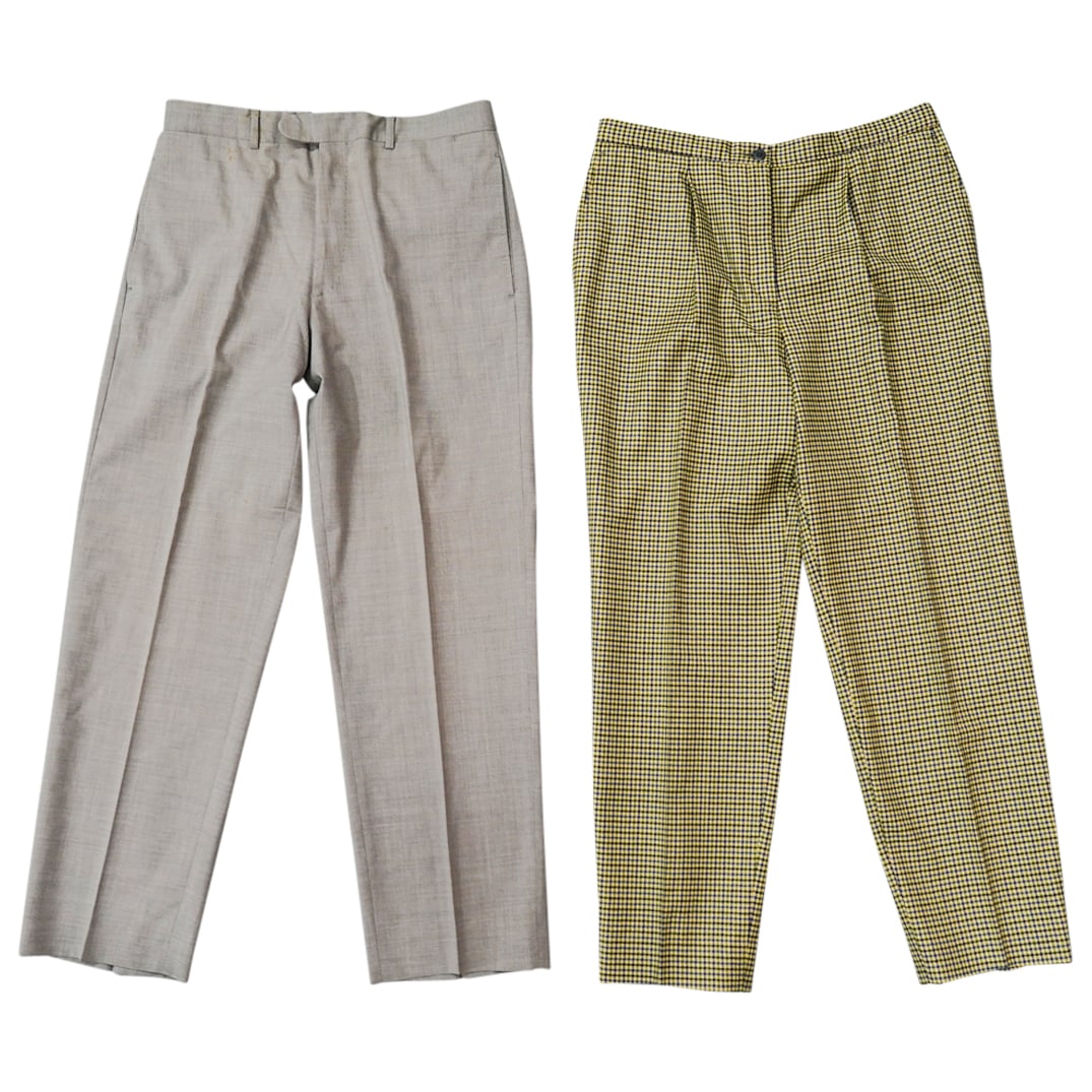 (2 Pc) Designer Brioni & Hermes Pants Grouping Set: DESCRIPTION: (2 Pc) Pair of Brioni and Hermes designer pants, including the following: (1 Pc) Brioni Sport chequered yellow pants. Size 44. Waist:33"; Waist to bottom: 37" (1 Pc) Vintage Hermes wool p