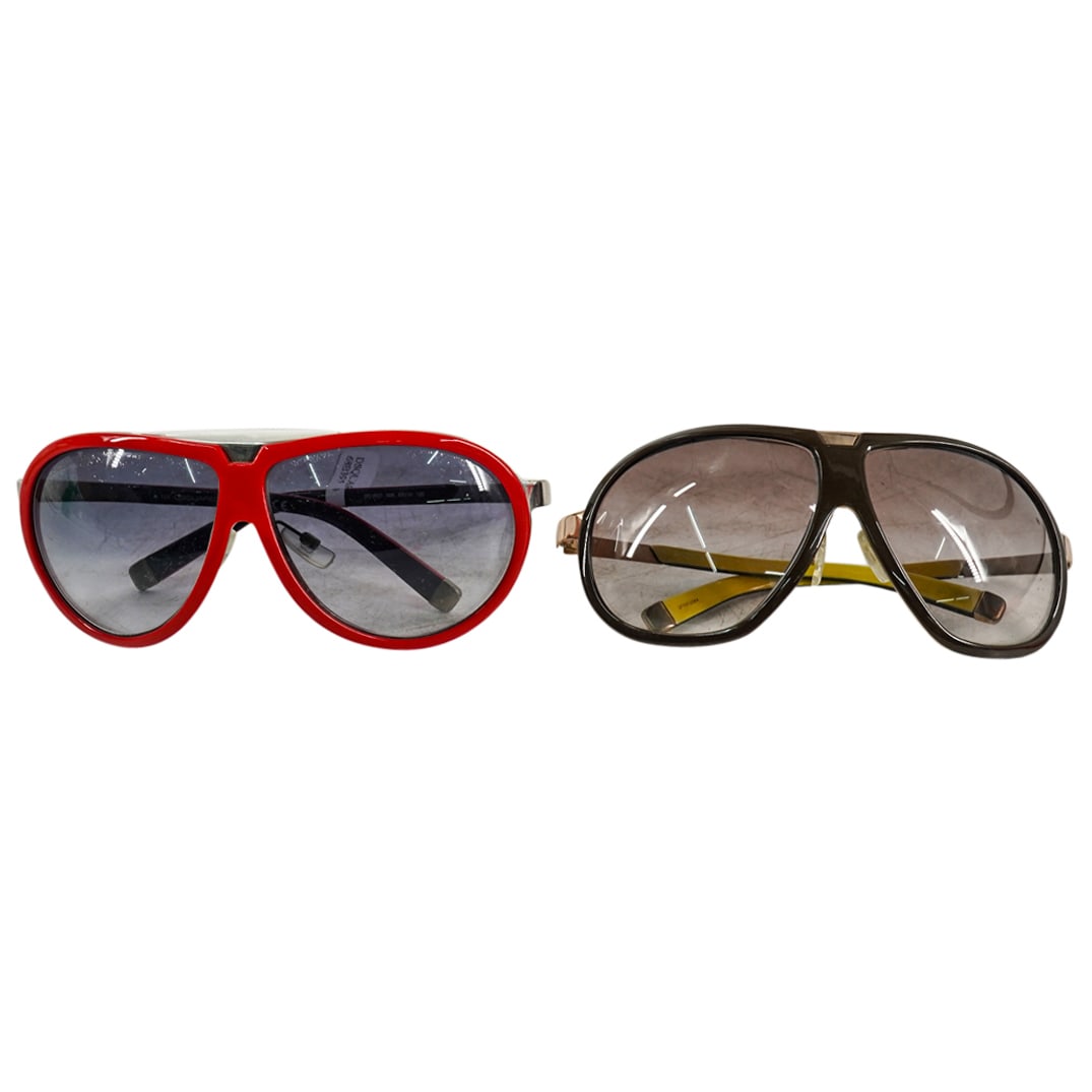 (2 Pc) Pair Of Dsquared Sunglasses: DESCRIPTION: (2 Pc) Pair of Dsquared sunglasses. This set includes the following items: (1 Pc) Dsquared DQ 0003 Unisex Red Frame Smoke Lens Shield Sunglasses. Marked 68B. 63. 10. 125 (1 Pc) Dsquared D