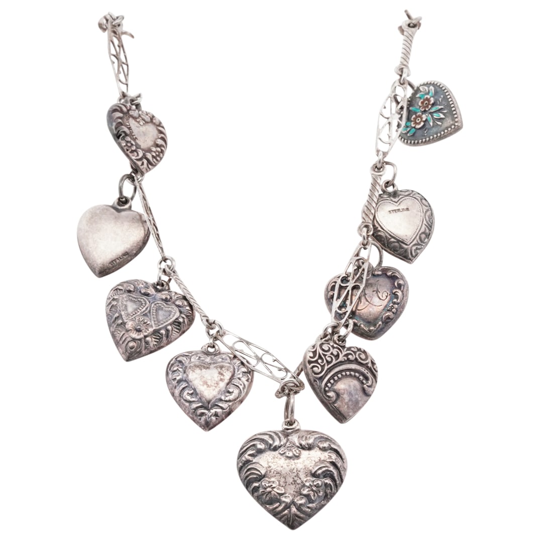 Antique Sterling Silver Puffy Heart Collector Charm Necklace (1 of 3)