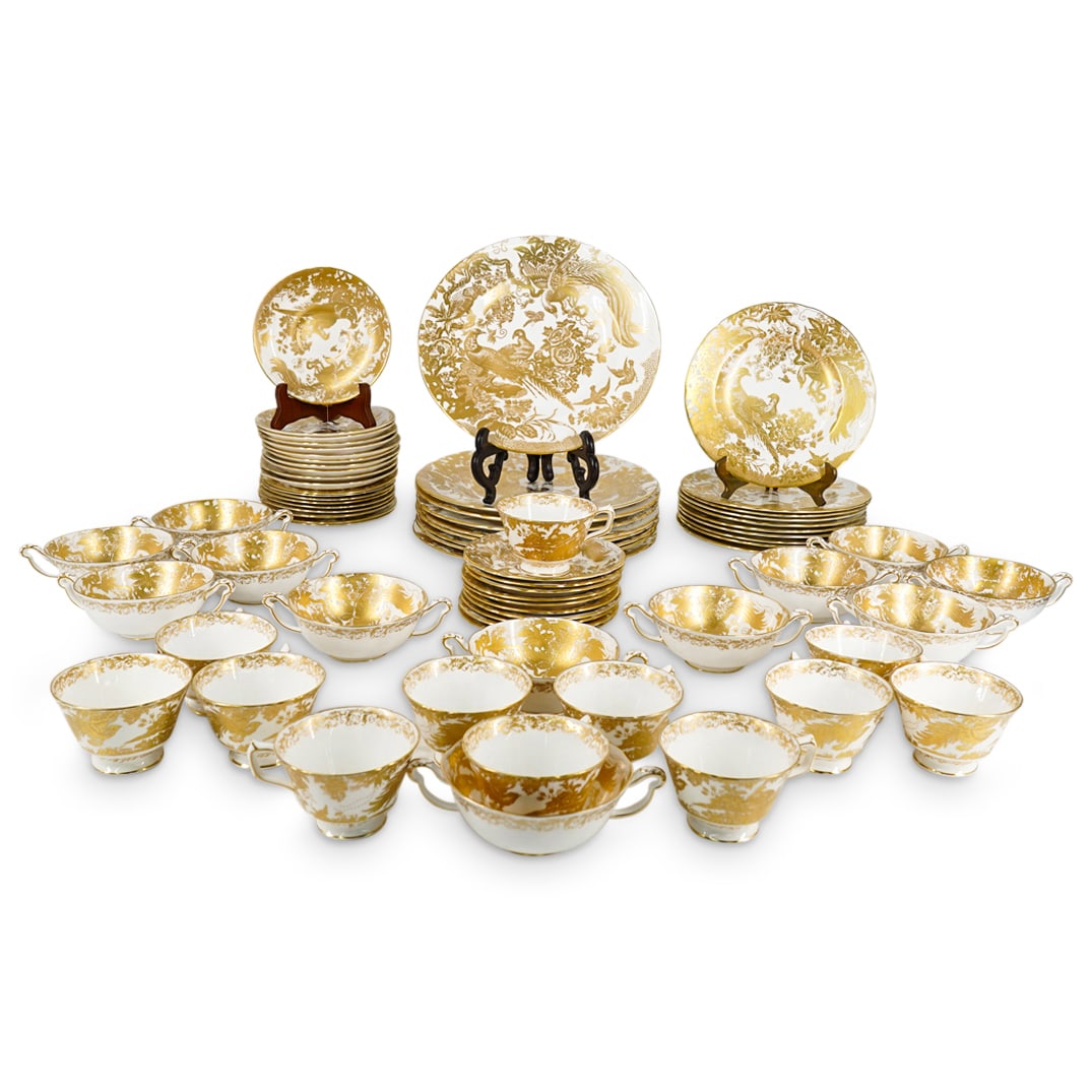 (73 Pc) Royal Crown Derby Chinoiserie Dinner Service: DESCRIPTION: X piece Royal Crown Derby bone china dinner service - including dinner plates, salad plates, dessert plates, tea cups w/ saucers, and double handled cups w/ saucers - each featuring a gil