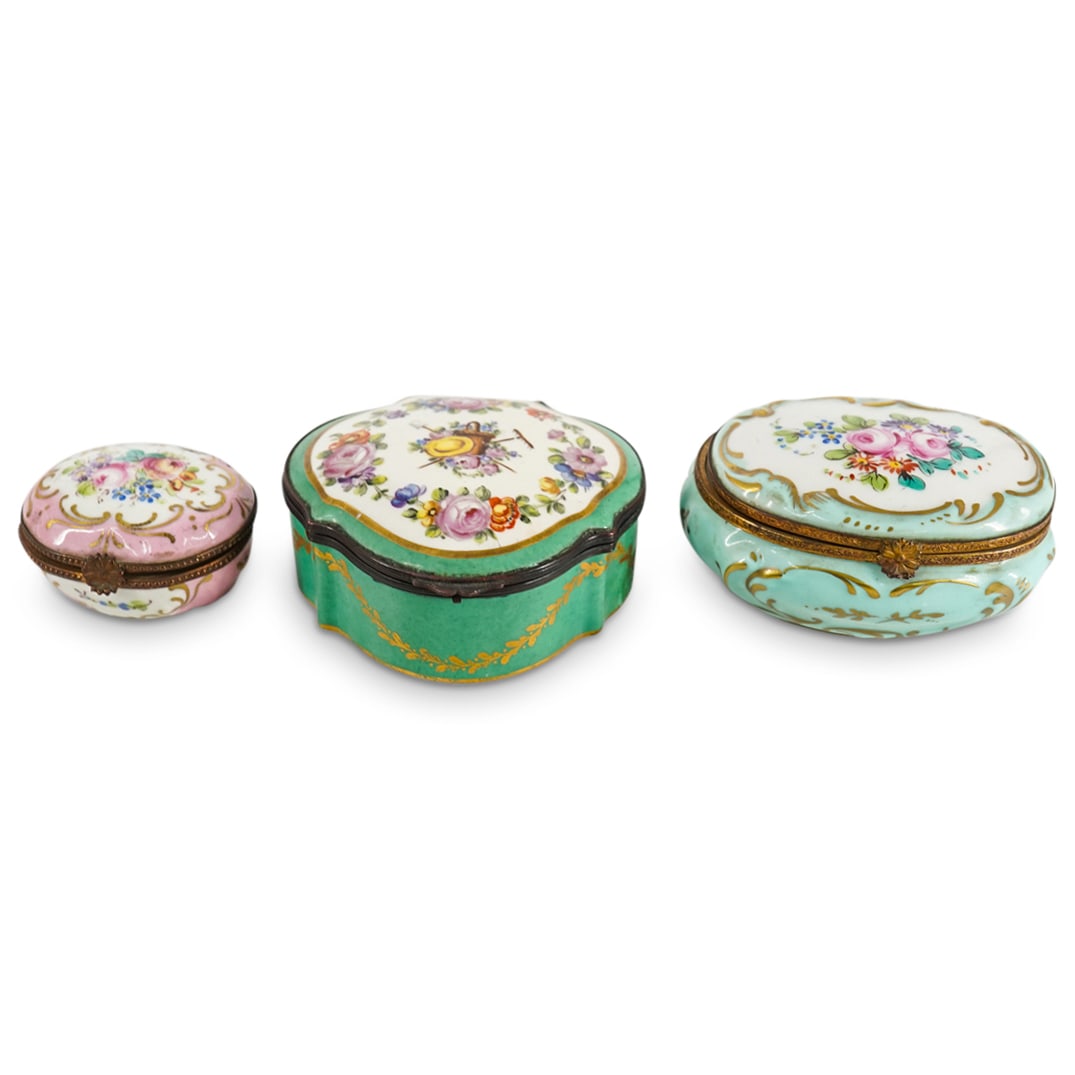 (3 Pc) Antique French Hand Painted Porcelain Trinket Boxes (1 of 16)