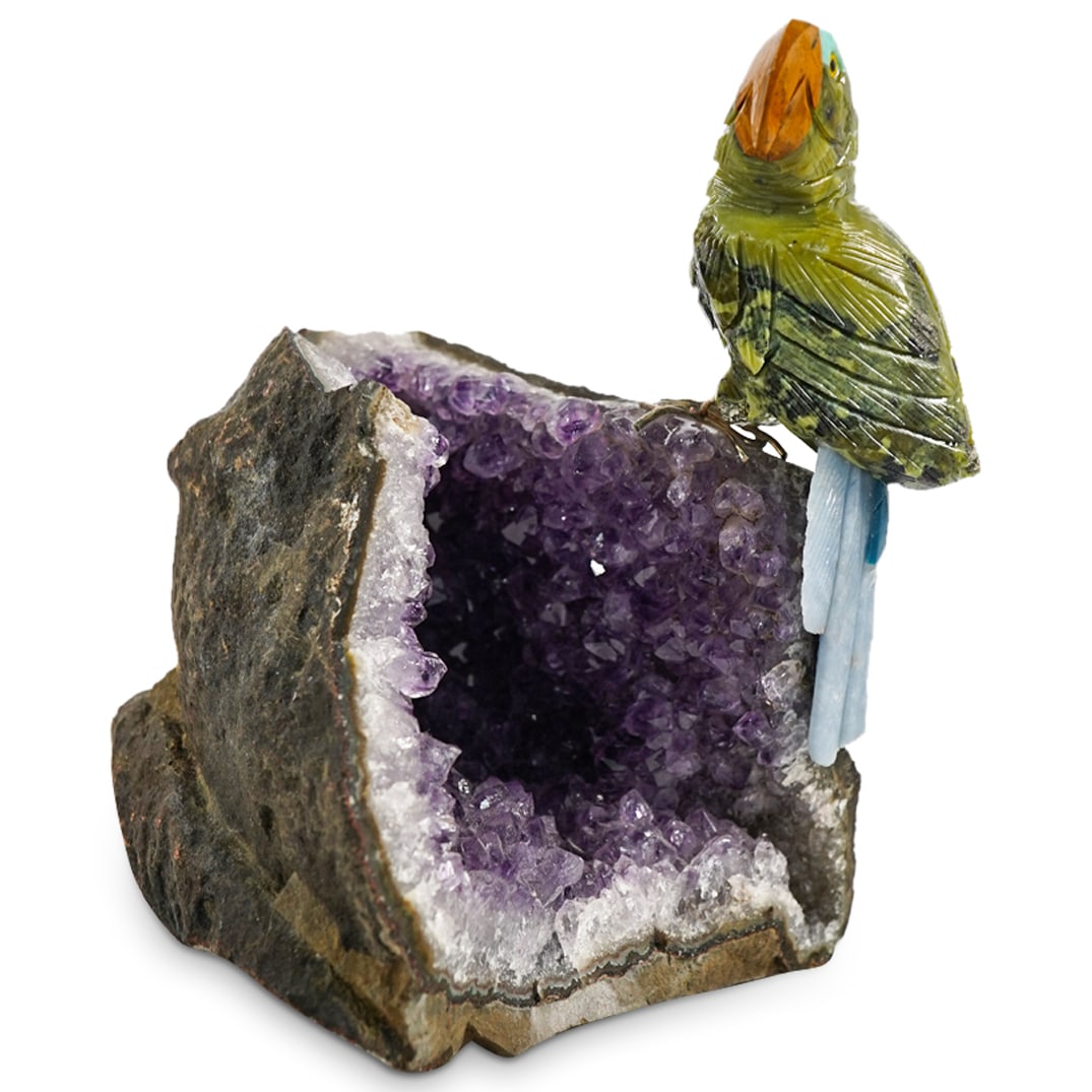 Carved Stone Parrot Bird Sculpture On Amethyst Geode (1 of 4)