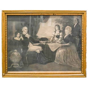 After Edward Savage (1761-1817) "The Washington Family" Etching: DESCRIPTION: Etching of "The Washington Family" after Edward Savages group portrait painting depicting George Washington; his wife Martha; their two children Washington Parke Custis and Eleanor Parke