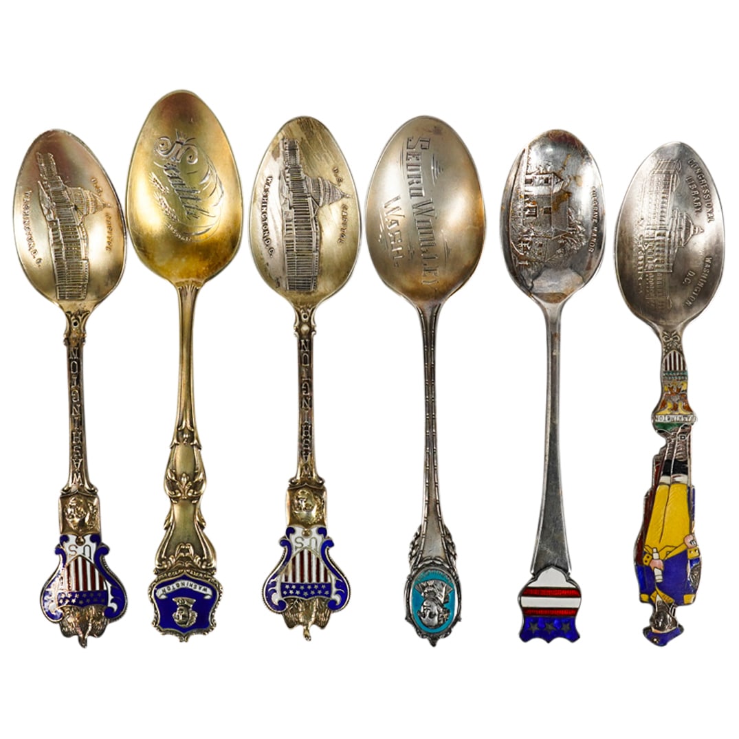 (6 Pc) Sterling Silver & Enamel "George Washington" Souvenir Spoons (1 of 16)