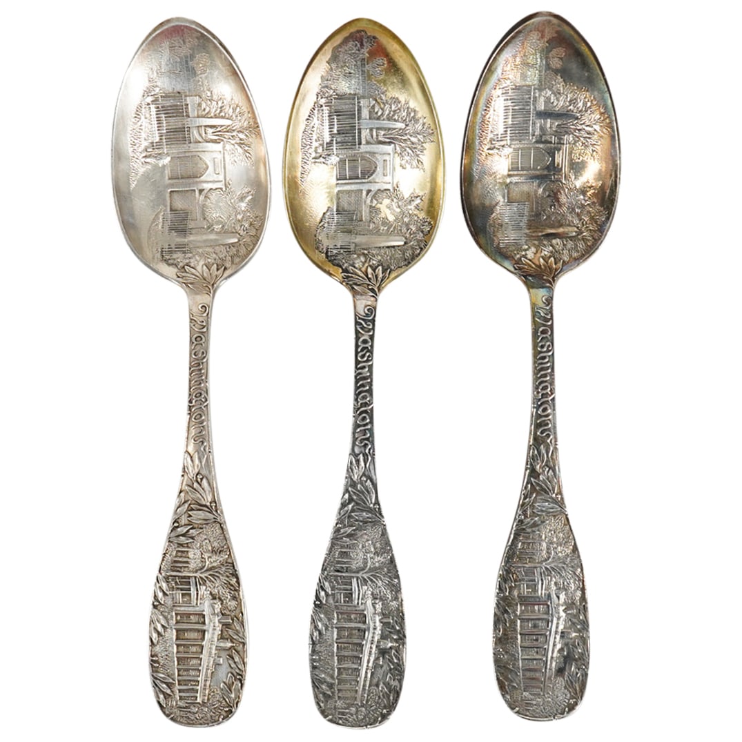 (3 Pc) Antique RW & S Sterling Silver George Washington Souvenir Spoons (1 of 6)