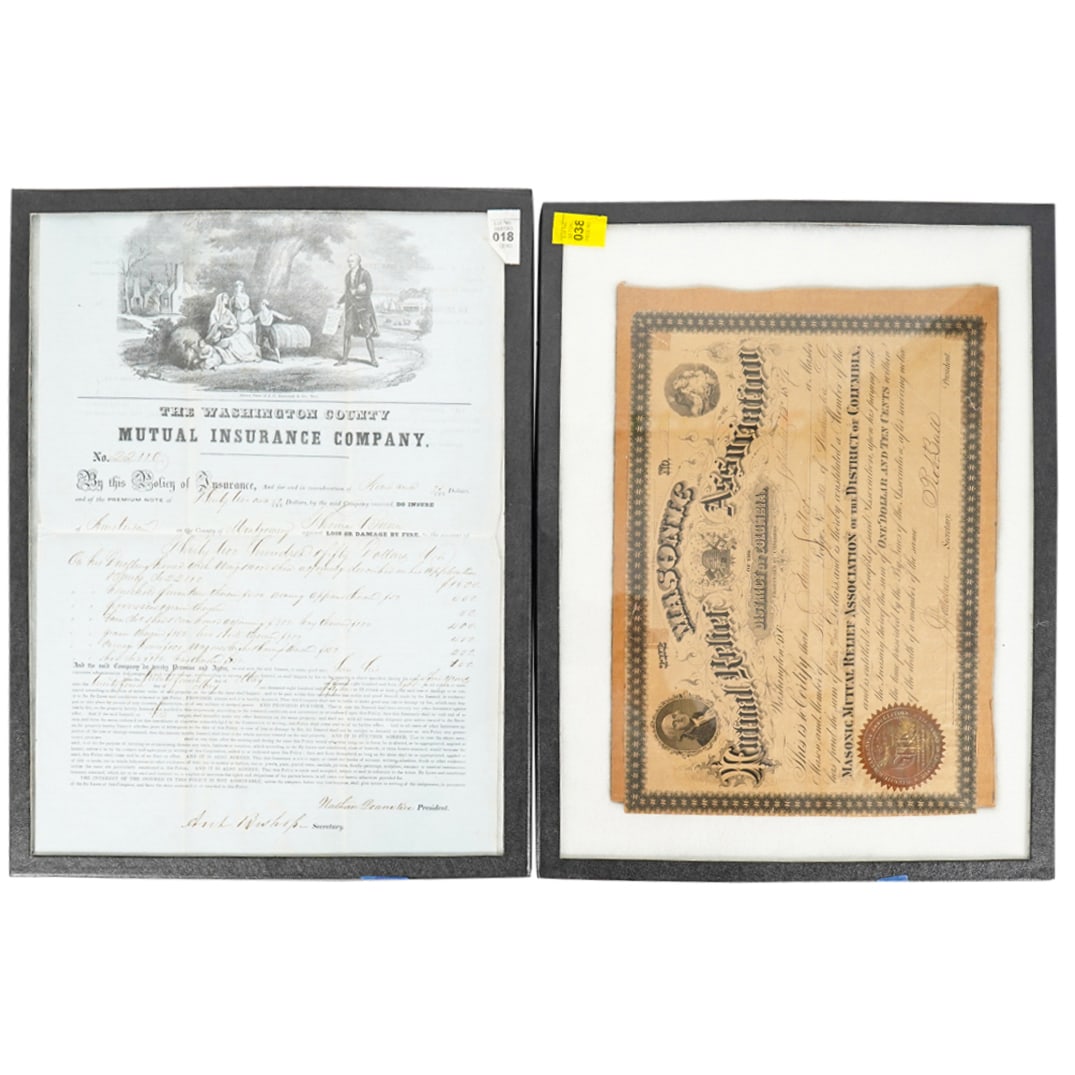 (2 Pc) 19th Century Insurance And Membership Documents (1 of 7)