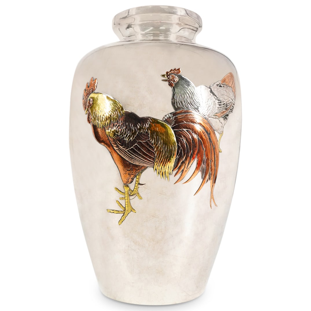 Antique Japanese Meiji Pure Silver And Mixed Metal Chicken Vase (1 of 2)