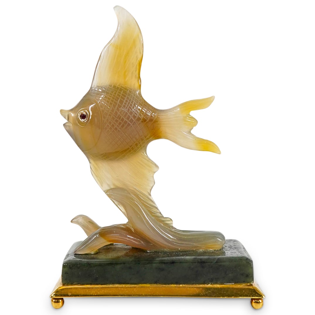 Antique Russian Faberge Agate Goldfish On Jade And Vermeil Stand: DESCRIPTION: Antique Faberge sculpture carved from agate depicting a goldfish with ruby inset eyes and mounted on a base composed of a jade platform set into a vermeil sterling silver base. Marked on 