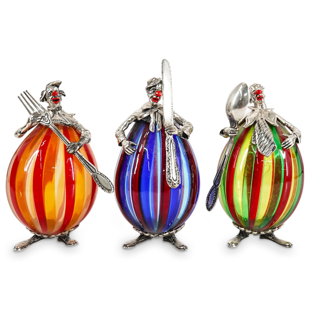 (3 Pc) VIttorio Angini Sterling Silver & Murano Glass Clown Sculptures (1 of 10)