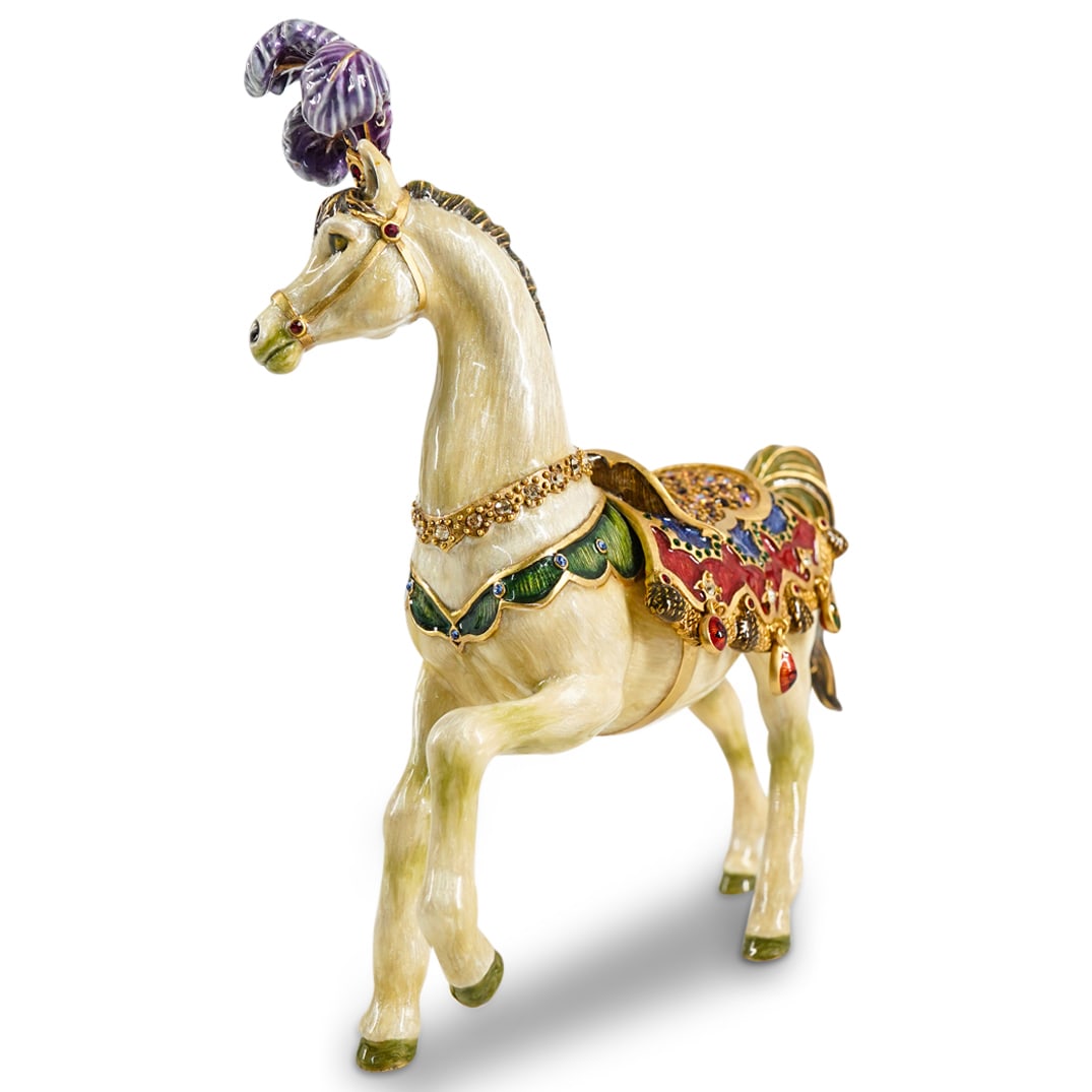 Jay Strongwater Bianco Enamel Horse: DESCRIPTION: A Jay Strongwater Bianco horse features an elegantly decorated horse with saddle and headdress, accented with a series of Swarovski crystals and enamel details. Stamped along the undersid