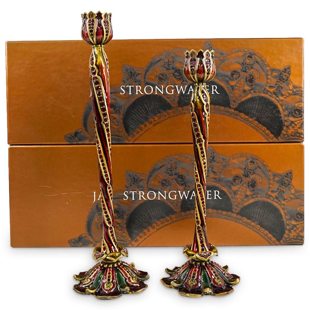 Pair of Jay Strongwater Enamel and Jeweled Candle Sticks (1 of 7)