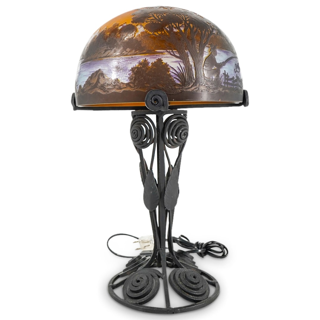 Antique Edgar Brandt Style Lamp W/ Galle Cameo Glass Shade (1 of 5)