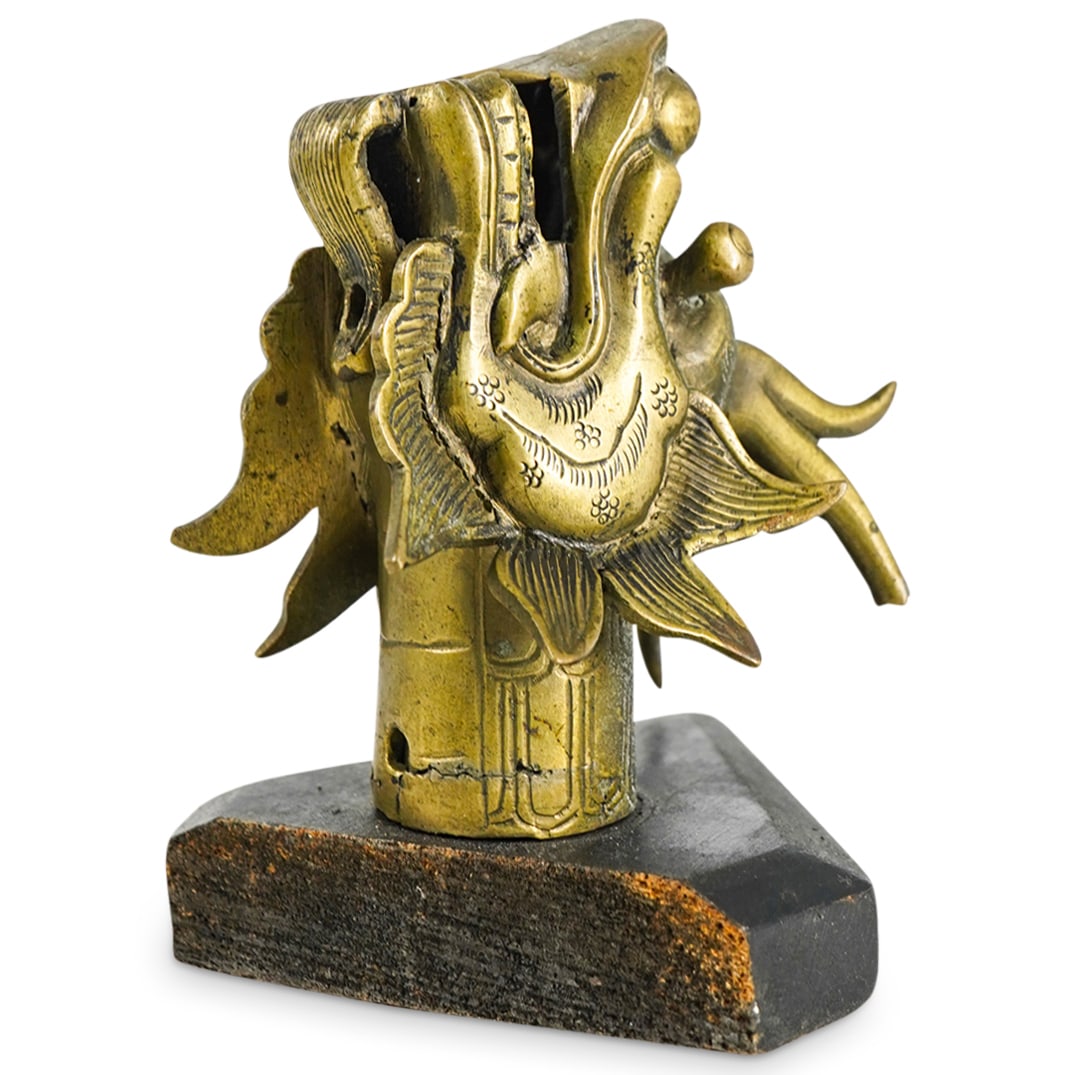 Antique Chinese Gilt Bronze Dragon Head On Wooden Base (1 of 3)