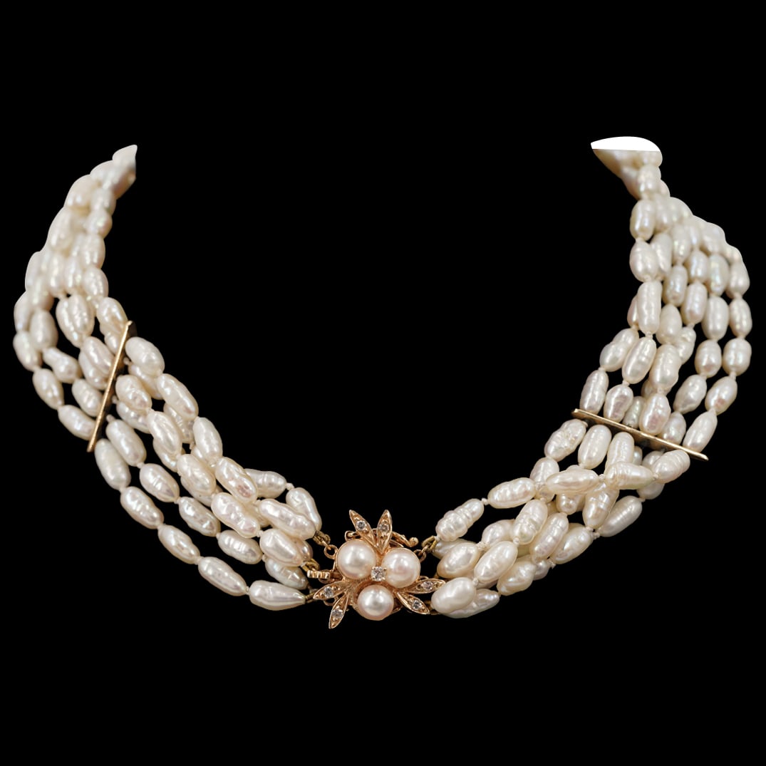 Vintage 14k gold, Diamond and Multi Beaded Pearl Choker (1 of 4)