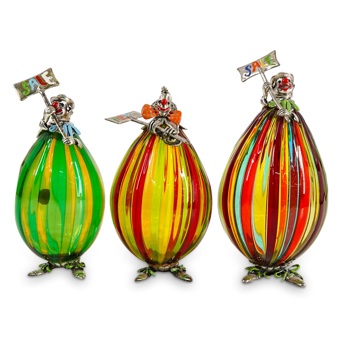 (3 Pc) Angini Italian Silver, Enamel & Murano Glass Clown Sculptures (1 of 9)